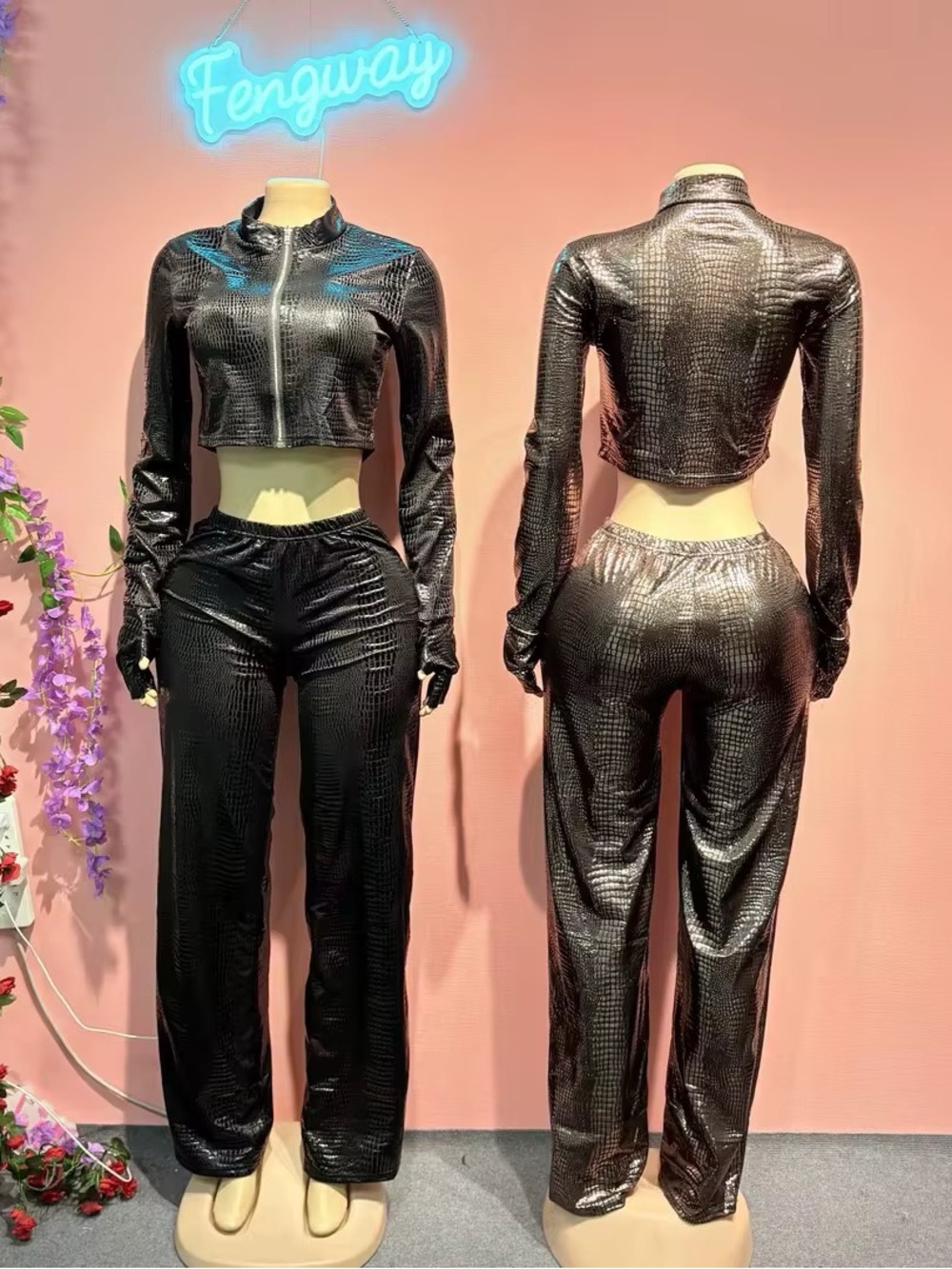 Cropped Snakeskin Zip-Front Black Two-Piece Jumpsuit Set